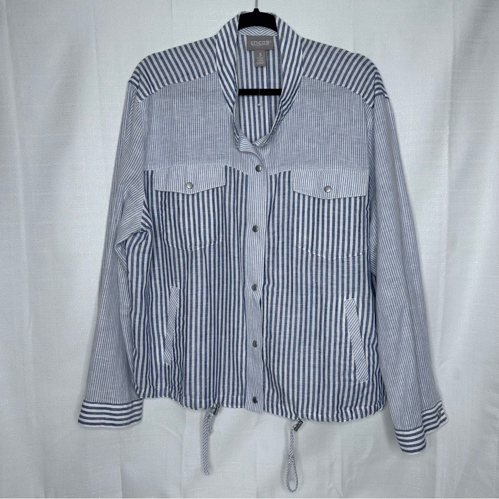 Chico's snap front lightweight jacket linen cotton blend striped nautical boho